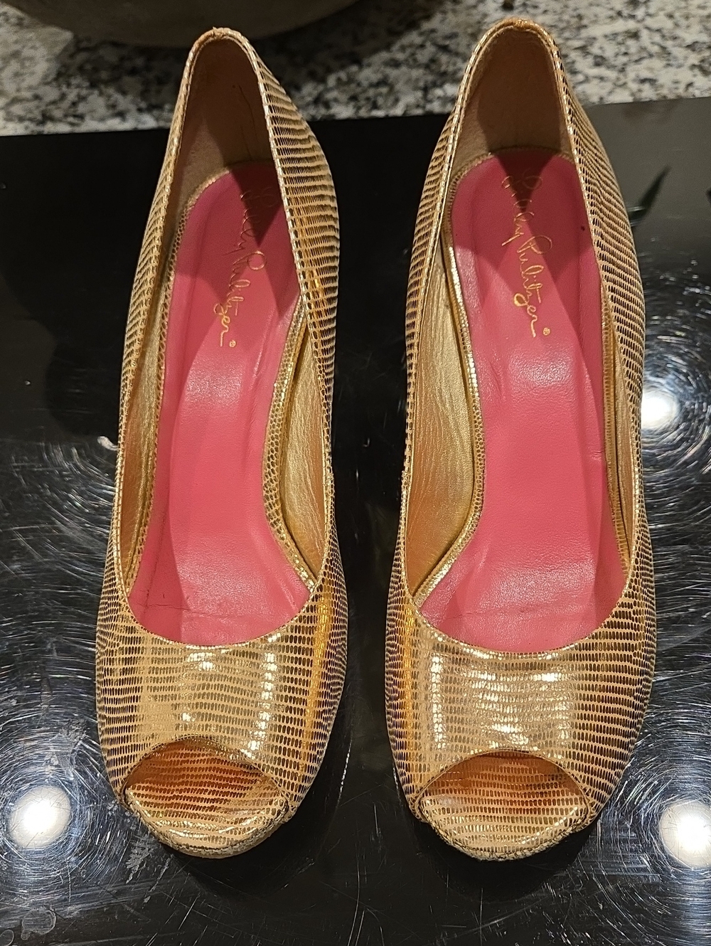 Lilly Pulitzer Gold Peep-Toe Pumps with Pink Insole